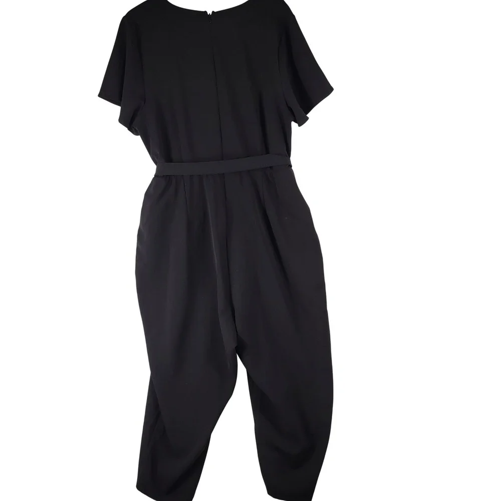 Lane Bryant Jumpsuit Women 22 Black Flutter Sleeve V-Neck Belted Cropped Chic